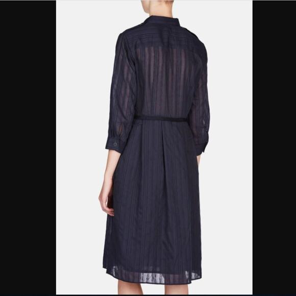 ATM Shirt Dress Pockets Pleated Stripe Button Navy Midi Knee Length Small - Picture 9 of 10